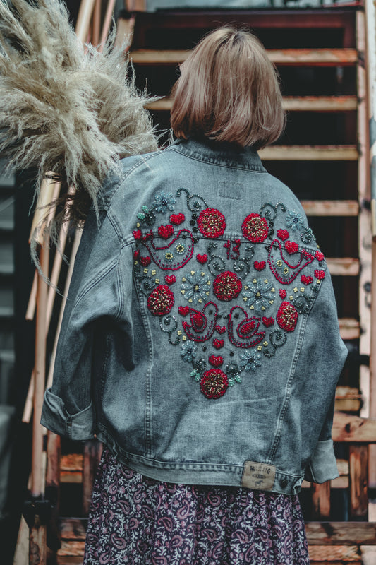 Vintage jeans jacket with crystals embroidery