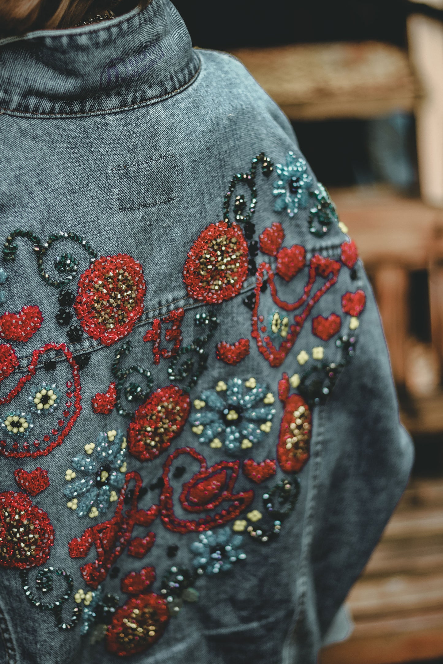 Vintage jeans jacket with crystals embroidery